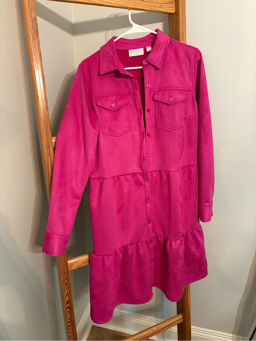 Womens Fuchsia Button-Front Tiered Shirt Dress